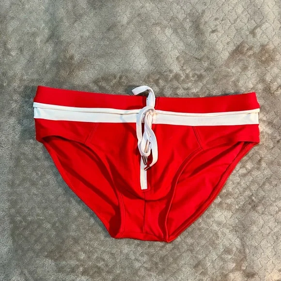 Red and White Men's Swim Trunks - Picture 3 of 7